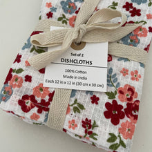 Load image into Gallery viewer, fort & field | 100% cotton red floral/stripe kitchen dishcloths - set of 2