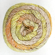 Load image into Gallery viewer, Close up of top of Noro yarn in color Uruma; Strands in shades of yellow, orange, green, and brown spiral in circle on white background