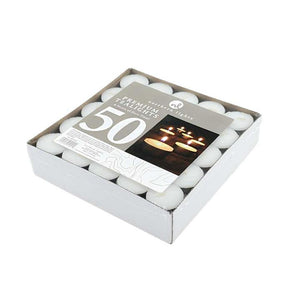 White cardboard box of 50 Northern Lights white tealights; Label on top reads "Northern Lights Premium Tealights 50" with image of 6 burning lights in a zig zag pattern