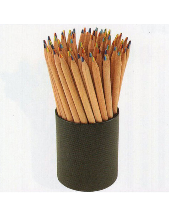 Multiple 7 in 1 colored pencils fanned out in a black cup on a white background; Outside of each pencil is light tan while top of each is a combination of blue, red, green, yellow, orange, violet, and indigo