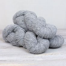 Load image into Gallery viewer, 3 skeins of light blue/gray yarn on white background.