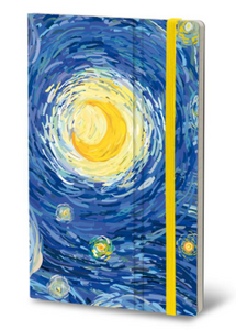 Image of cover of artwork notebook with swirls of yellow and blue with bright yellow crescent moon in middle, yellow band running up and down cover on right side