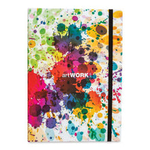 Load image into Gallery viewer, Image of front cover of artwork notebook with colorful splashes all over a white background. Front of cover reads &quot;artWORK&quot; 