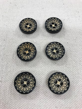 Load image into Gallery viewer, Image of 6 black white round buttons with floral design in middle. Each have four holes in middle.