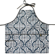 Load image into Gallery viewer, Apron covered in white and blue symmetrical pattern on white background