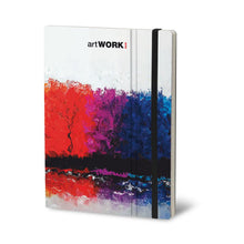 Load image into Gallery viewer, Image of cover of artwork notebook with colorful splashes of color in shades of blue, purple, and red. Black band running from top to bottom on right hand side of cover, alll on white background