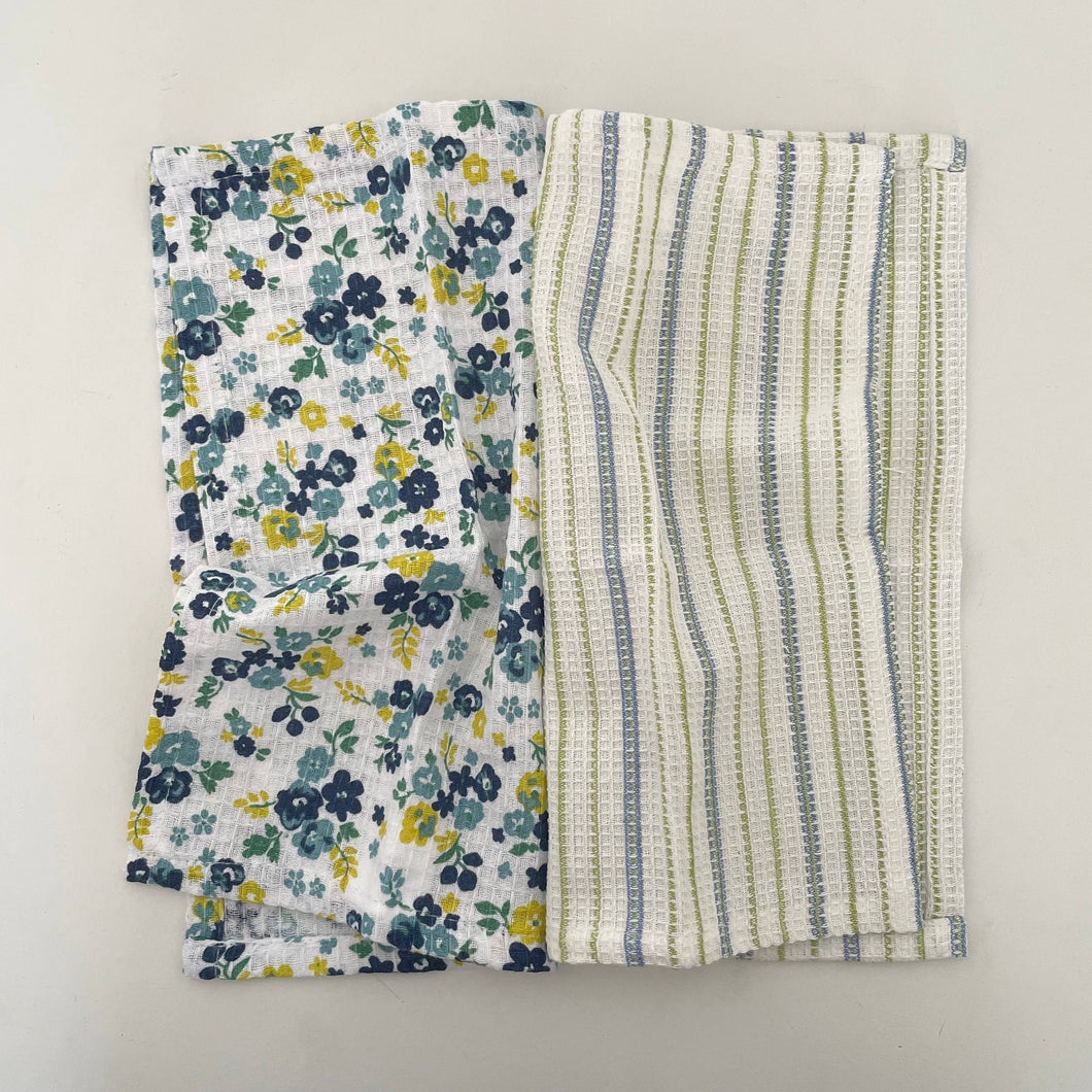 fort & field - 100% cotton blue floral/stripe kitchen dishcloths -set of 2
