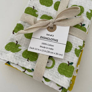 fort & field | 100% cotton green apple/flower kitchen dishcloths - set of 2