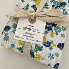 Load image into Gallery viewer, fort &amp; field - 100% cotton blue floral/stripe kitchen dishcloths -set of 2