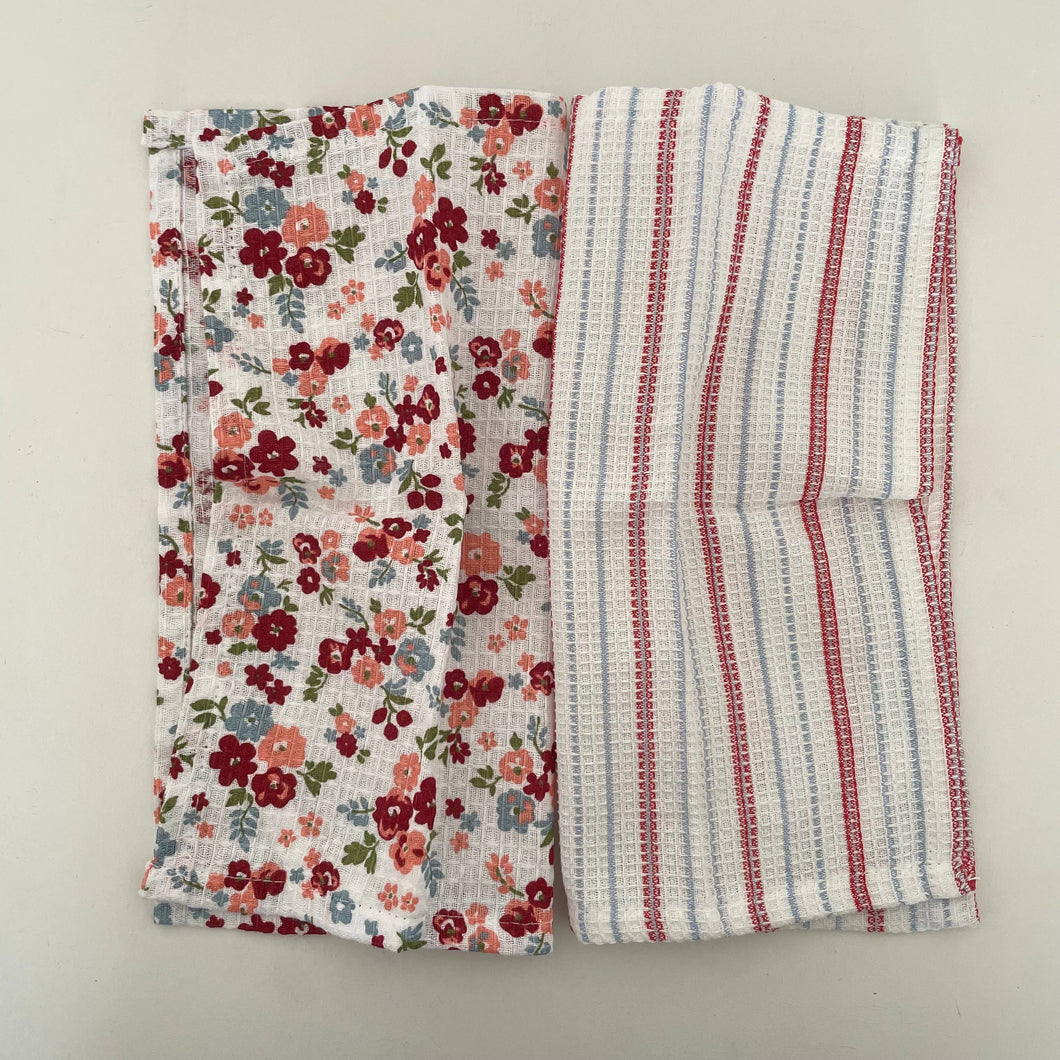 fort & field | 100% cotton red floral/stripe kitchen dishcloths - set of 2