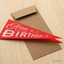 Load image into Gallery viewer, Red birthday pennant card with brown envelope on a wooden surface