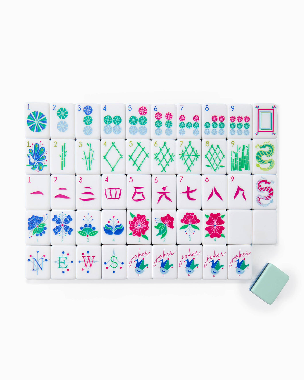 Set of colorful tiles with numbers, letters, and designs on a white background