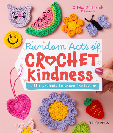 Book titled 'Random Acts of Crochet Kindness' with crocheted items on a pink background