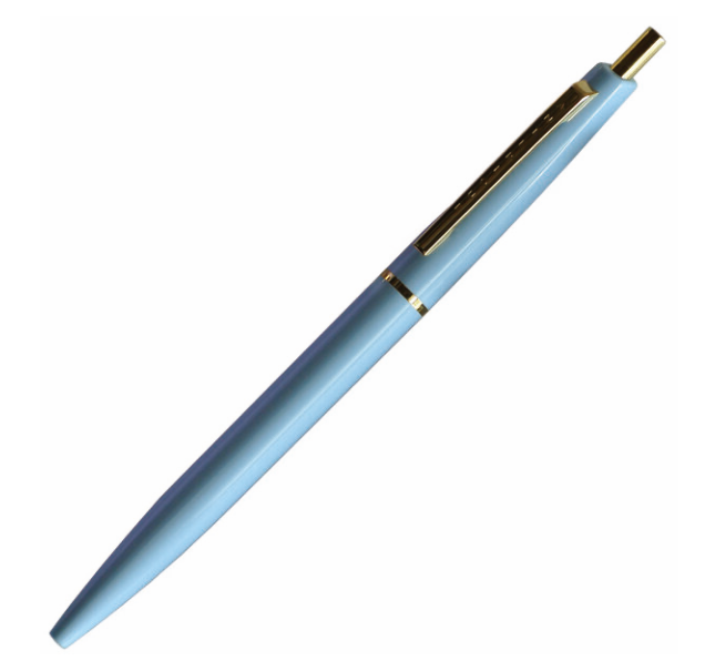 Vermeer blue ball point pen with gold ring in the middle of the pen, gold clip and button.