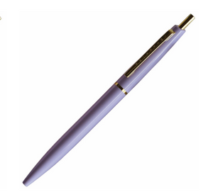 Lavender ball point pen with gold ring in the middle of the pen, gold clip and button.