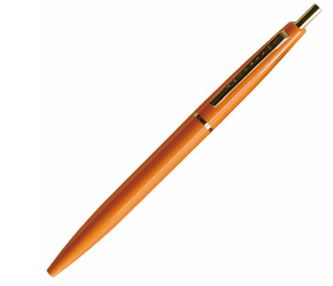 Pure orange ball point pen with gold ring in the middle of the pen, gold clip and button.