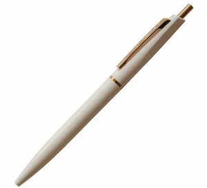 Ecru beige ball point pen with gold ring in the middle of the pen, gold clip and button.