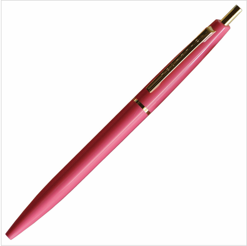Cherry pink ball point pen with gold ring in the middle of the pen, gold clip and button.