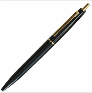 Pitch black ball point pen with gold ring in the middle of the pen, gold clip and button.
