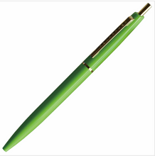Load image into Gallery viewer, Lime green ball point pen with gold ring in the middle of the pen, gold clip and button.