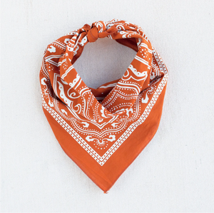 Orange bandana with white line and dot designs