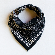 Load image into Gallery viewer, Black bandana with white lines, dots, and grid designs