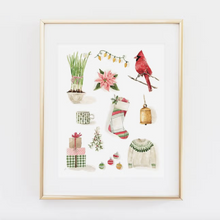 Load image into Gallery viewer, Gold colored frame around white print on white background. Shows images of Christmas, including a cardinal, a sweater, presents, a stocking, a mug, a bell, a poinsettia flower, and Christmas lights.