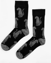 Load image into Gallery viewer, Black socks with black cuffs, heels and toes. Light grey panthers line the socks.