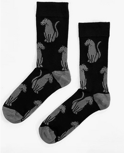 Black socks with black cuffs, heels and toes. Light grey panthers line the socks.