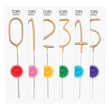Load image into Gallery viewer, Set of gold cake toppers with numbers on sticks, featuring the brand &#39;Tops Malibu&#39;.