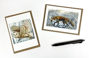 Barn Owl / Winter Fox Notecards - Martin Truefitt Baker | Art Angels