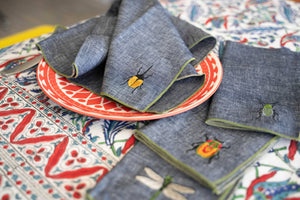 Insect Embroidery Linen Chambray Cloth Napkins