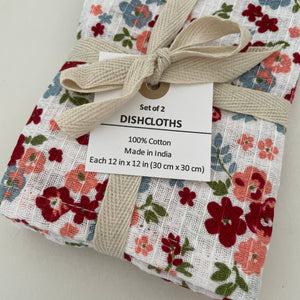 fort & field | 100% cotton red floral/stripe kitchen dishcloths - set of 2