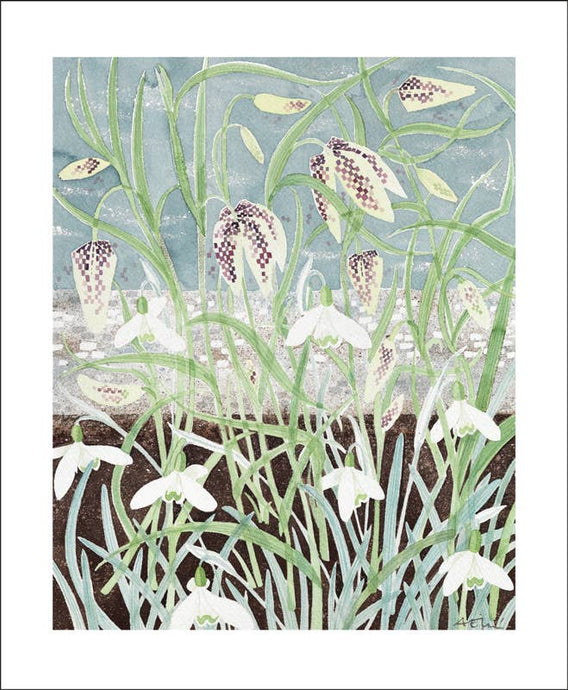 Art Angels| Fritillaries and Snowdrops Card by Angie Lewin