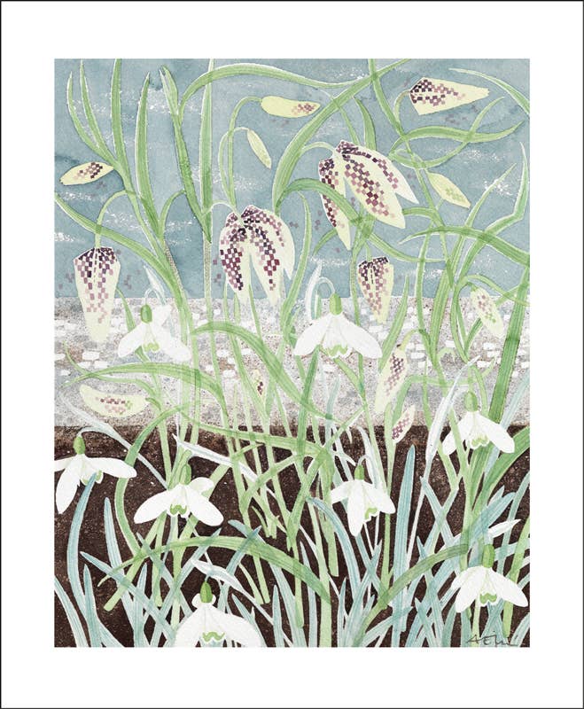 Art Angels| Fritillaries and Snowdrops Card by Angie Lewin