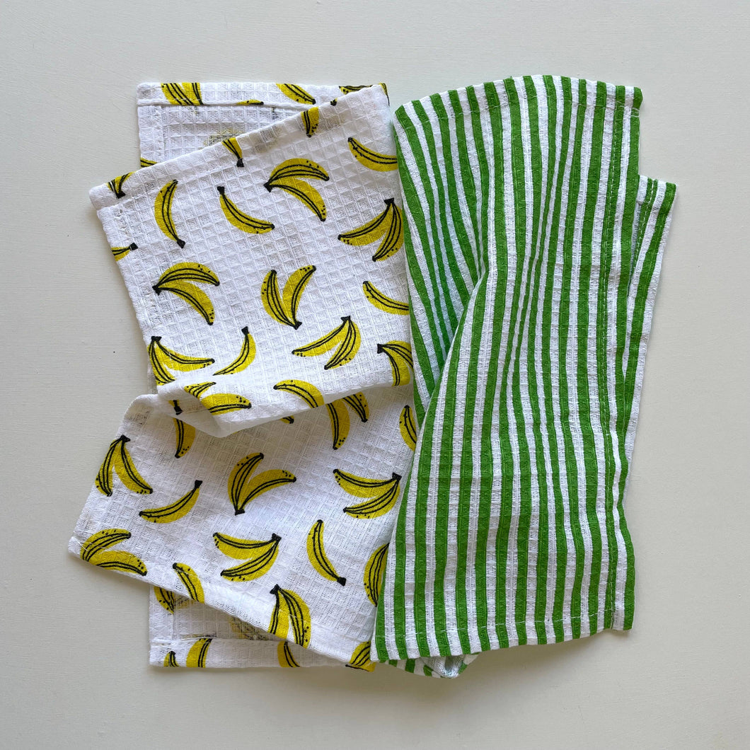 fort & field | 100% cotton banana and stripe kitchen dishcloths - set of 2
