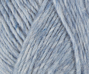 Close up of color 0008. Strands of light and dark blue running throughout yarn