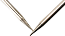 Load image into Gallery viewer, Close up of stainless steel circular knitting needle tips; satin-sheen shine on needles catching the light
