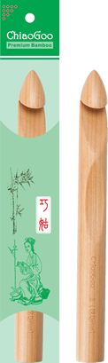 Bamboo Crochet Hook Size U (25mm) shown in the green packaging and without it. The brand name, ChiaoGoo is shown on the top of the package with a bamboo design on the front of the package.