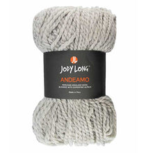 Load image into Gallery viewer, Bundle of light gray yarn on a white background. Thick strands of yarn held together in middle by black label that reads &quot;JODY LONG ANDEAMO&quot; in white and orange lettering
