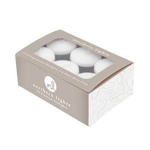 Box of 12 Northern Lights white Tealights in light gray box with white and gray swirl pattern on side of box; on white background