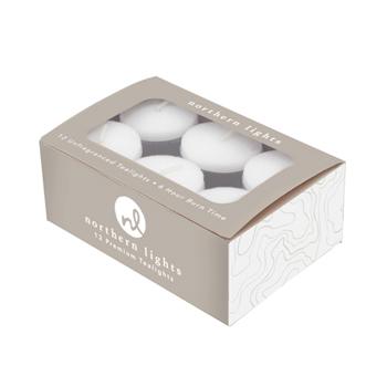 Box of 12 Northern Lights white Tealights in light gray box with white and gray swirl pattern on side of box; on white background