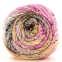 Load image into Gallery viewer, Close up of top of Noro yarn in color Wakayama; Strands in shades of pink, yellow, brown, black, and purple spiral in circle on white background