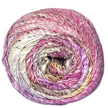 Load image into Gallery viewer, Close up of top of Noro yarn in color Saitama; Strands in shades of pink, purple, tan, yellow, and brown