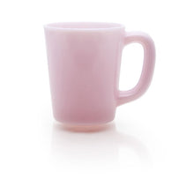 Load image into Gallery viewer, Smooth light pink glass with handle pictured on white background; Bottom of glass reflected back off of white background below glass, light reflecting off of handle