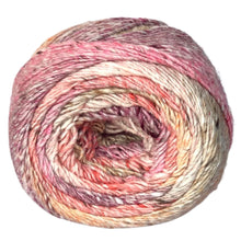 Load image into Gallery viewer, Close up of Noro yarn in color Kamakura; Strands in shades of pink, tan, brown, yellow, and orange spiral in circle on white background