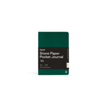 Load image into Gallery viewer, Small forest green journal on white background with black paper wrap covering middle section; Black wrap reads &quot;KARST&quot; &quot;Stone Paper Pocket Journal&quot; &quot;A6&quot; in white on right side; Small white &quot;K&quot; stamped in bottom right corner of cover