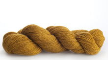 Load image into Gallery viewer, Isager Alpaca 2 color 3 on laid out on white background. Yarn in shades of golden yellow and brown