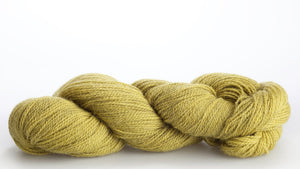Isager Alpaca 2 yarn in color 40 on white background. Color 40 mostly shades of deep yellow and green