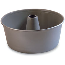 Load image into Gallery viewer, Angel food and pound cake pan pictured on white background. Pan is gray aluminum and round with cone shaped insert in middle